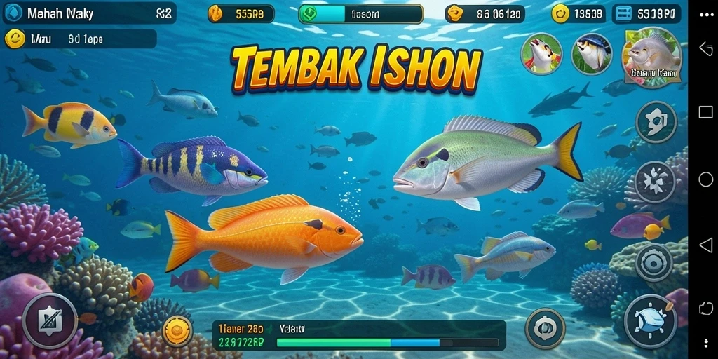 Tangkapan layar gameplay 55RP yang menampilkan aksi menembak ikan.