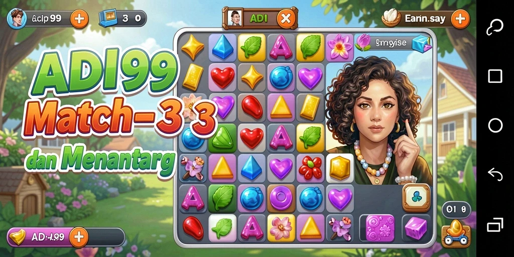 Screenshot utama ADI99 menampilkan gameplay Match-3 yang seru.
