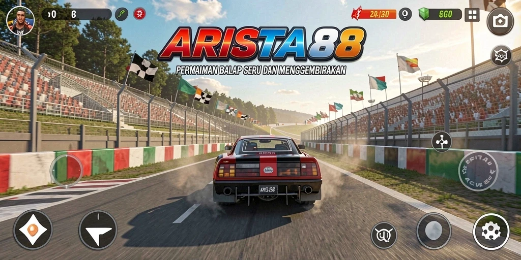 Screenshot gameplay ARISTA88 yang menampilkan balapan mendebarkan.