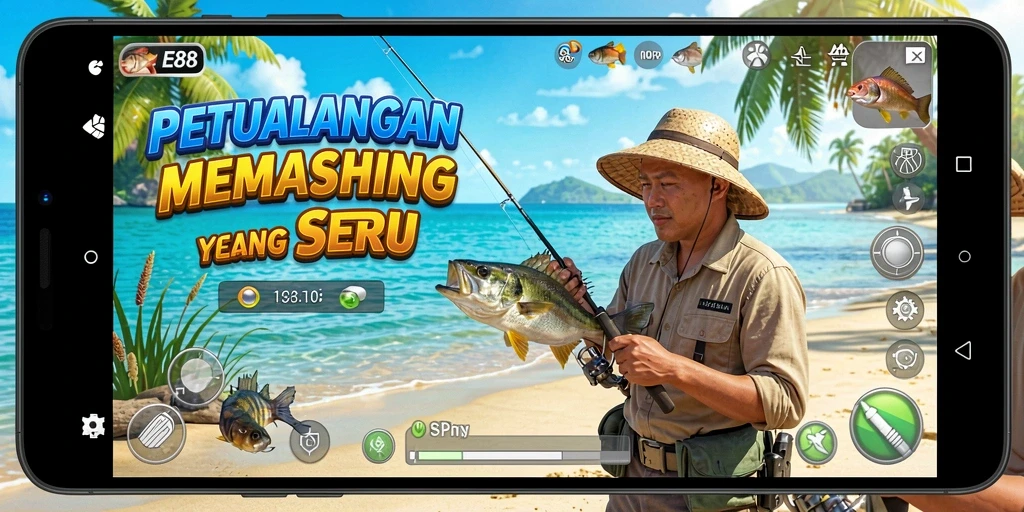 Gameplay E88 menampilkan momen seru saat menangkap ikan.