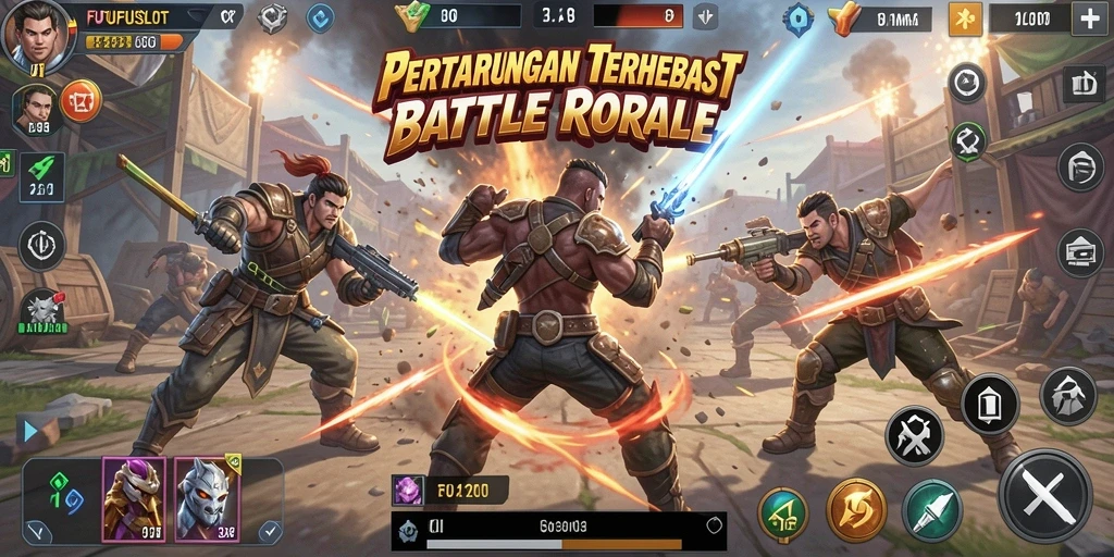 Tangkapan layar utama FUFUSLOT menunjukkan aksi intens dalam pertandingan Battle Royale.