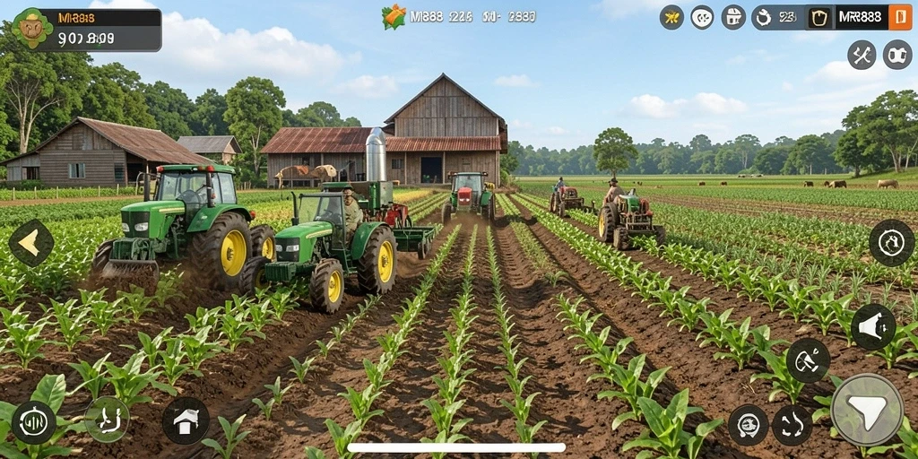 Screenshot dari gameplay MR888 menunjukkan kebun yang subur dan menawan.