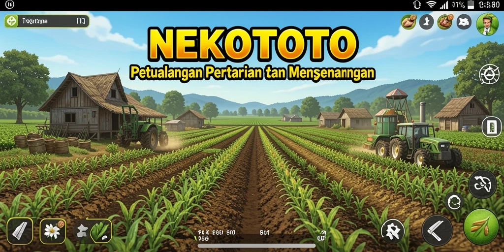 Screenshot gameplay <strong>NEKOTOTO</strong> menampilkan ladang yang subur dan hewan ternak yang lucu.