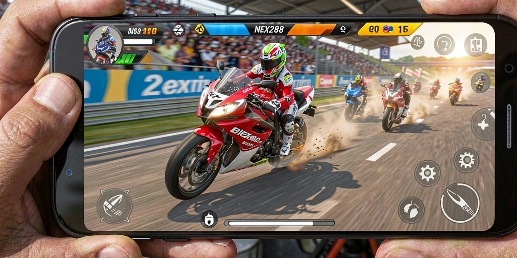 Tampilan gameplay NEX288 dengan balapan motor yang seru.