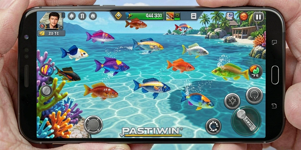 Menampilkan gameplay seru PASTIWIN dengan ikan berwarna-warni.