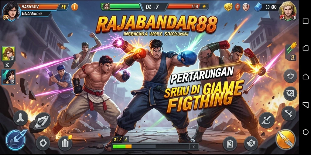 Screenshot utama RAJABANDAR88 menampilkan aksi pertarungan seru antara karakter.